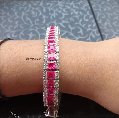 Brazalete de compromiso y boda para mujer enchapado en oro blanco de 14K rubí rosa simulado Foto 1 de 4