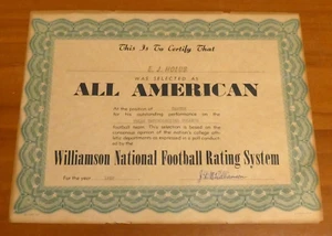 E. J. Holub 1959 Williamson Nat. Sistema de clasificación de fútbol americano certificado todo americano - Imagen 1 de 6