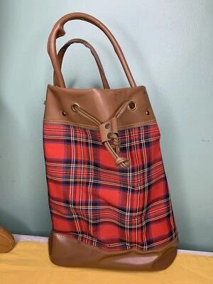 Bolso de Mano Vintage Sonsco Japón Rojo a Cuadros con Cordón con Borde Marrón y Asas Foto 1 de 4