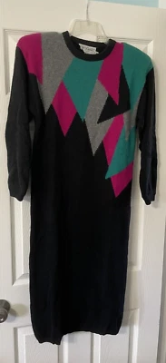 Vintage 1980's Richard & Co Black Sweater Dress Sz XS Geometric Pattern Holiday - Image 1 of 4