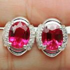 3Ct Oval Cut Lab Created Halo Pink Ruby Stud Earrings 14K White Gold Plated