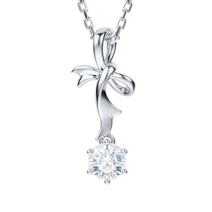 Genuine Moissanite Sterling Silver Ribbon Bowknot 1 Carat Pendant Necklace, A... - Picture 1 of 8