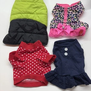 Dog Cat Clothing Lot Shirt Bundle Of 4 Outfits XS Puffer Jacket Dress Pink Bow - Picture 1 of 10