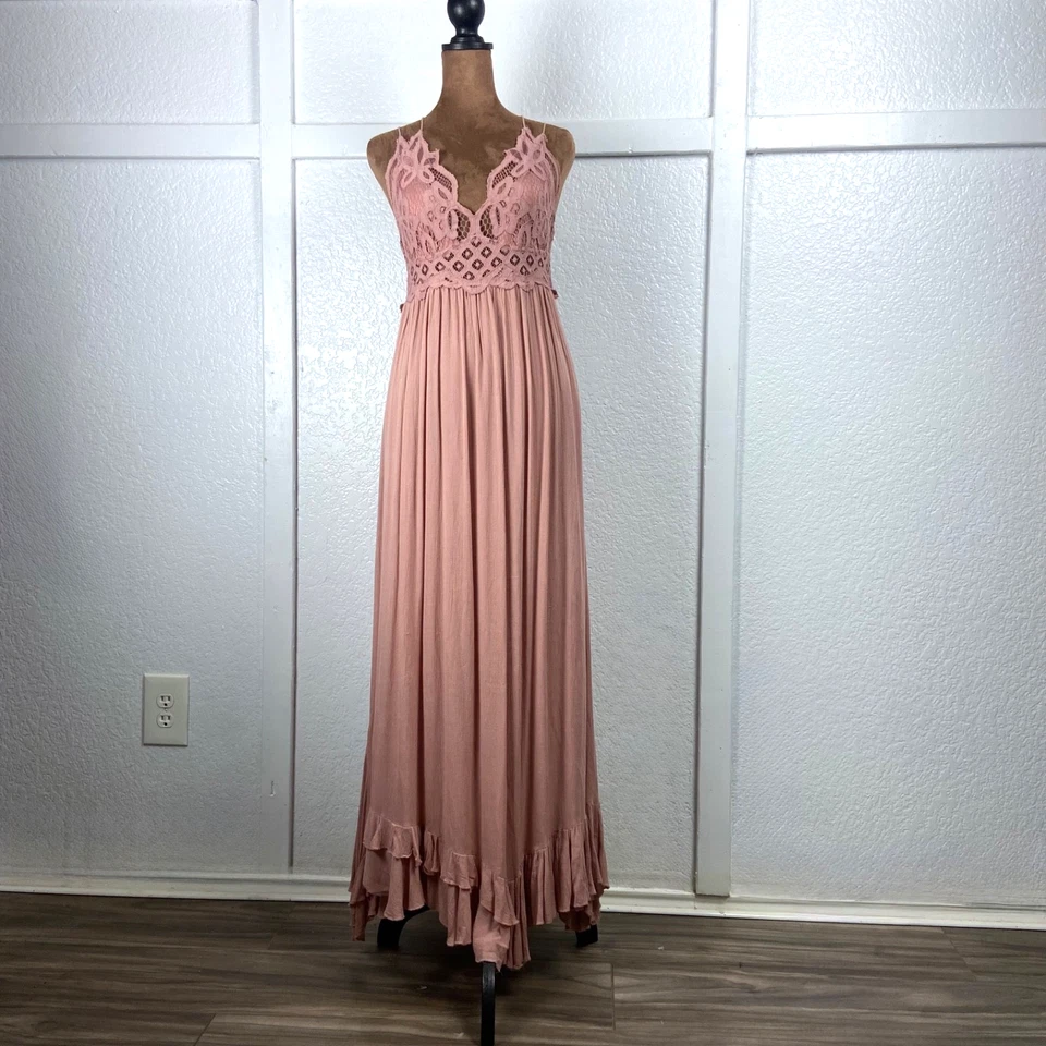 Free People FP One Adella Maxi Dress M Pink Lace Crochet Boho Chic Cottagecore - Image 1 of 4