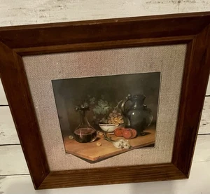 Vintage Still Life Print of Fruit, Vegetables and Wine Signed Lucas 12" x 14" - Picture 1 of 5