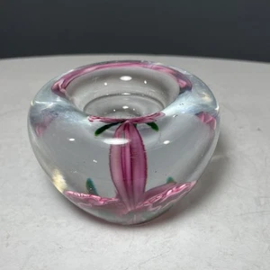 Art Glass Paperweight Candle Holder by Dynasty Gallery Handblown Pink Floral - Picture 1 of 13