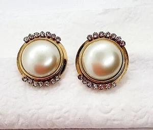 Vintage Elegant Tone Faux Pearl With Rhinestones Clip On Earrings - Picture 1 of 4