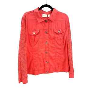 Chicos Jacket 3 XL Lace Long Sleeve Linen Button Front Collared Caliente Coral