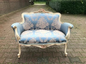 Sofa French Louis XVI Style Blue Damask Cream Beech Vintage Elegant Antique - Picture 1 of 11