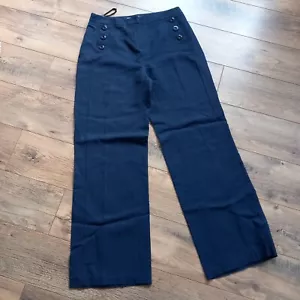 Laura Ashley UK 10 Linen Cotton Mix Wide Leg Trousers Matelot Buttons Blue - Picture 1 of 6