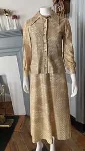 1960s 1970s Leslie Fay metallic gold dress jacket set rhinestone buttons disco - Picture 1 of 24