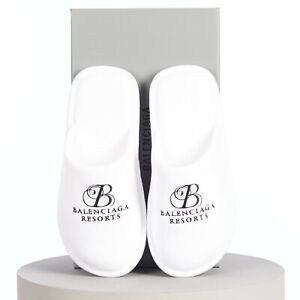 BALENCIAGA 550$ Men's White Soft Mule Resort Slippers - Logo Embroidery, Velours