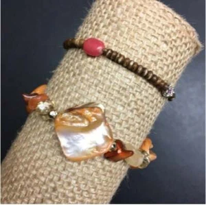 MOP Wood Bracelet Lot Stretch Orange Brown Red Silver Shell Beach Retro BoHo - Picture 1 of 4