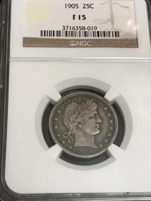 1905 Barber Quarter Dollar Silver 25 Cent Coin F15 - Image 1 of 2