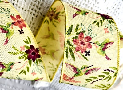 Hummingbirds 2.5" by 5 yds Purple & Greens on Buttery Yellow Wired Ribbon Spring - Image 1 of 4