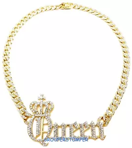 Königin gekrönt Kristall Strass Anhänger mit 19 Zoll langer kubanischer Gliederkette - Bild 1 von 6