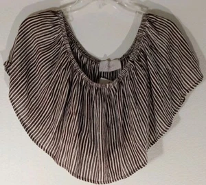Blush Gulch Shirt Small Crop Top Boutique Brown White Striped Ruffle Neck - Picture 1 of 12