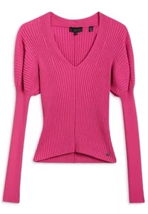 Ted Baker Ivery Ribbed Puff Sleeve Pink Sweater 2 Medium - Picture 1 of 10