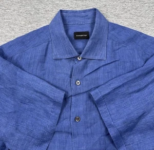 Ermenegildo Zegna Shirt Mens Large Blue 100% Linen Short Sleeve Button Up Travel - Picture 1 of 8
