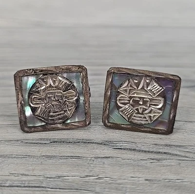 墨西哥羊驼纯银和鲍鱼太阳脸卡奇纳设计袖扣 — 第 1/4 张图片