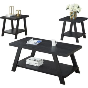 3 Piece Black Wood Shelf Coffee Table with Side Tables for Living Room - Picture 1 of 7
