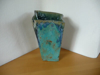 getöpferte selbstgemachte Ton Blumenvase grün, blau - Bild 1 von 4