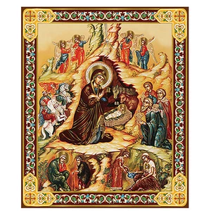 Geburt Christi byzantinischer Stil Goldfolie Holzsymbol 3 Zoll, Goldfolie Kreuz - Bild 1 von 2