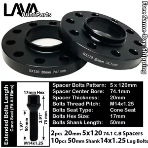 2PC 20MM THICK 5X120 74.1MM C.B WHEEL SPACER+50MM 14X1.25 BOLT FIT BMW X5/X6 - Picture 1 of 2