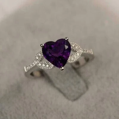 14K White Gold Plated Women's Engagement Ring 2Ct Heart Simulated Amethyst - Imagem 1 de 4