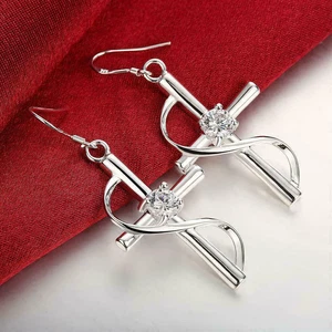 2.18 Ct Simulated Diamond Solitaire Cross Dangle Earrings 925 Sterling Silver - Picture 1 of 3