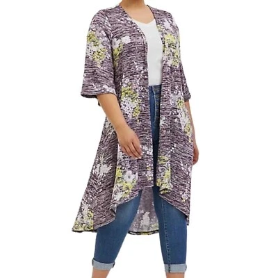 Cárdigan largo de manga corta floral púrpura torrido para mujer talla 1 1X Foto 1 de 4