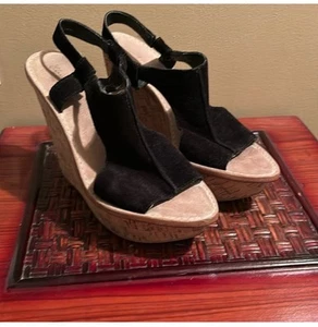Elizabeth and James Leather Platform Wood Wedge Black Sandal Size 9 - Picture 1 of 6