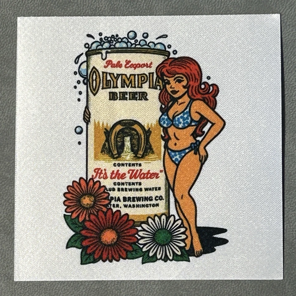 "Cerveza vintage Olympia Brewery hierro en parche niña pinup 3""" Foto 1 de 1