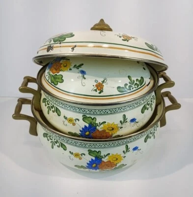 Vintage ASTA German Floral Enamelware Cookware Set With Brass Handles 4 Pieces - Image 1 of 4