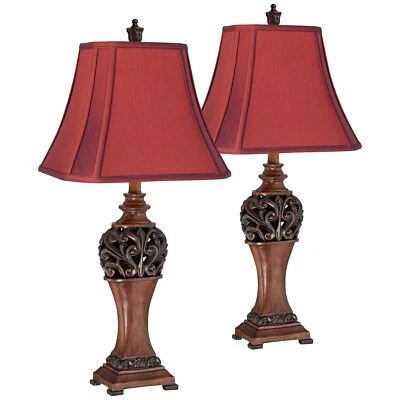 Juego 2 Pares Lámparas de Mesa Bronce Tono Rojo Carmesí Hermoso Pergamino Tallado 30" H Foto 1 de 4