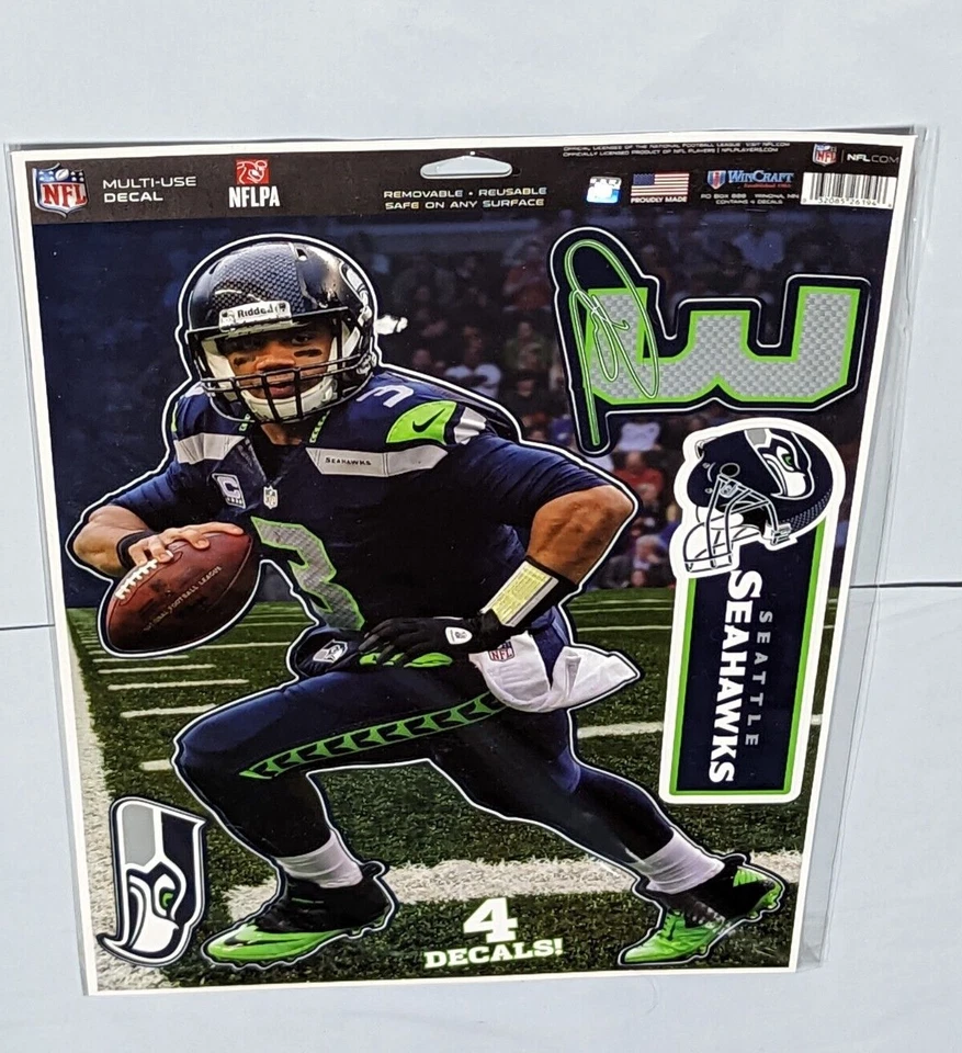 Russell Wilson & Seattle Seahawks Multiuso 4 Calcomanías Pegatinas Medidas 11" x 17" Foto 1 de 1