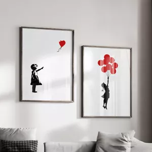 2er Set Banksy Wandkunst Poster Drucke rotes Herz Ballon Mädchen Bilder Dekor - Bild 1 von 5