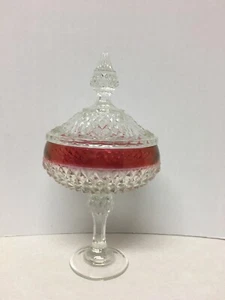 Indiana Glass Clear Cranberry Dimond Point Pedestal Lidded Candy Dish Compote - Picture 1 of 5
