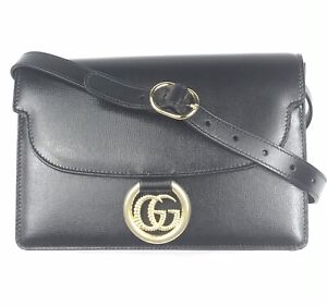 Gucci #589474 GG Ring Torchon Black Leather Small Shoulder Bag w/Gucci Box, NWT