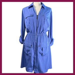 Alfani Women's Blue Utility Shirt Dress Full Zip Roll Tab Sleeves Size 8 - Picture 1 of 13