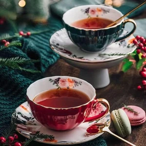 Porcelain Tea Cup with Saucers and Spoon, 2 Sets of 8 Oz 200ml, Red + Green - Picture 1 of 7