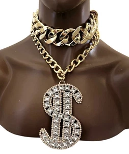 Collana con ciondolo grosso segno dollaro catena dorata strass trasparenti dichiarazione - Foto 1 di 5