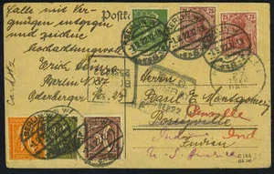 DEUTSCHLAND 1922 POSTKARTE BERLIN NACH USA MIT Mi #197a & b KATZE VAL. (273 Euro) - Bild 1 von 2