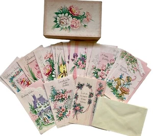 Vtg Birthday greeting cards 15 w/box MCM Glitter Embossed Pink & Pretty Unused - Picture 1 of 23