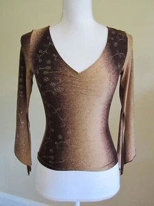 Vintage Y2K Women's Tan/Brown Glitter Bell Sleeve Blouse Top Size S - Picture 1 of 7