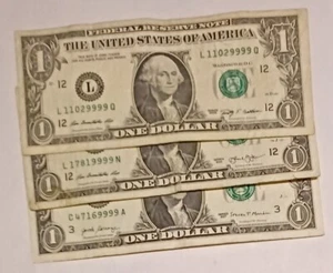 3X Four in a Row 9s Enders Fancy Serial Number $1 One Dollar Bills 4x9s Quad 9s - Picture 1 of 5