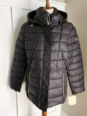 Nuevo con etiquetas Abrigo de Invierno Michael Kors Negro Empacable Capucha Puffer Mujer XL $150 Foto 1 de 4