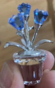 Swarovski Crystal Forget Me Not?? Blue Flowers w/ Silver Leaves Vase Pot - Picture 1 of 4