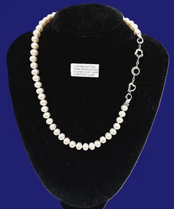 7.5-8MM WH PEARL NECKLACE W/SS HEART, CIRCLE & FLOWER SIGNED CLSP-Kbc-Affordable - Picture 1 of 9