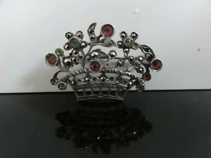 VICTORIAN AWESOME FLOWERS BASKET 800 S SILVER Signed PASTE STONES BROOCH - Picture 1 of 7